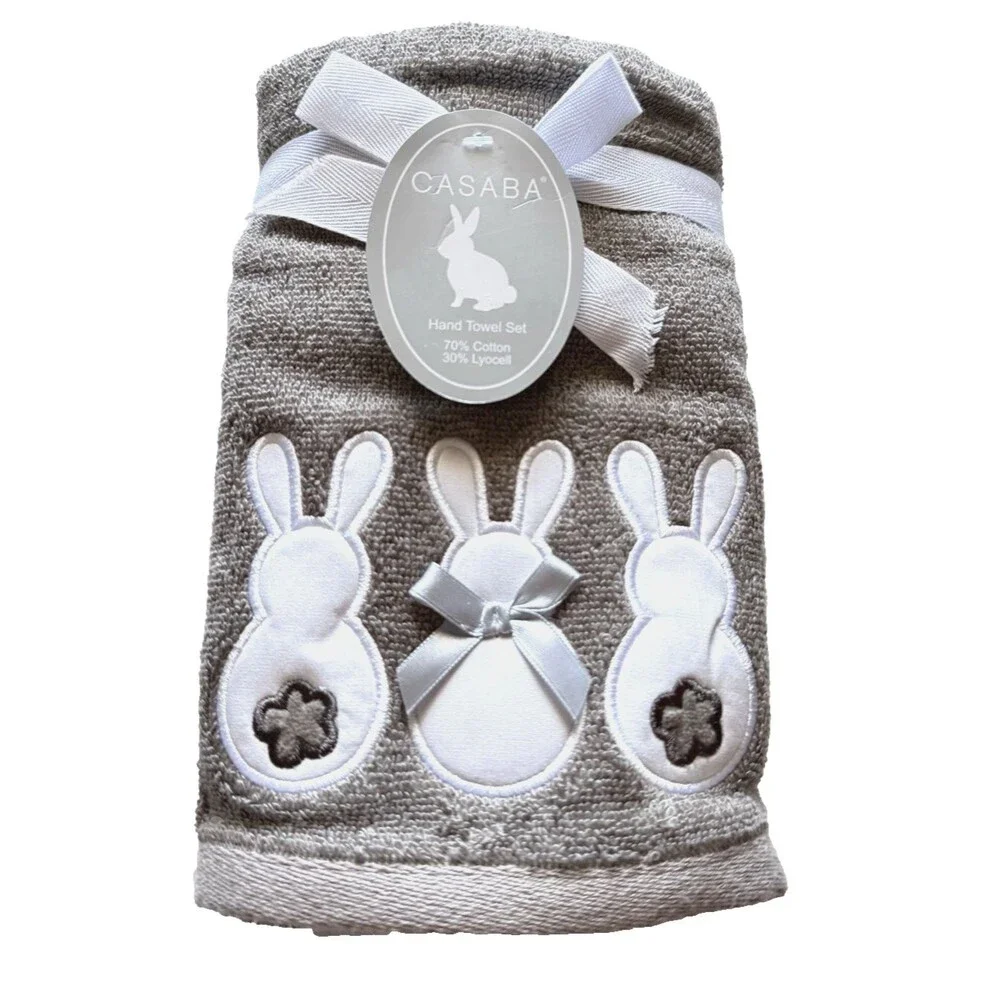 Casaba Hand Towels Easter Appliqued Embroidered White Bunnies Brown Set of 2
